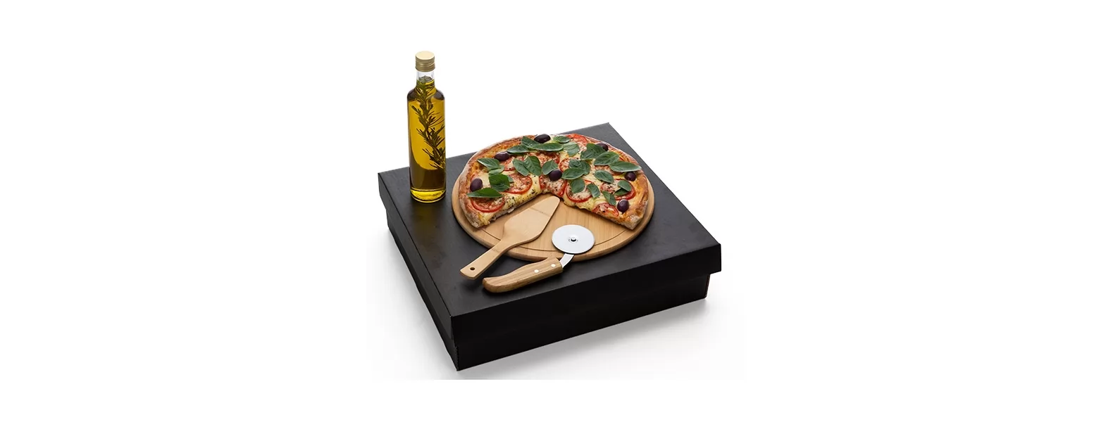 Kit Para Pizza Com Garrafa - Bambu / Inox / Vidro - 4 PÇs