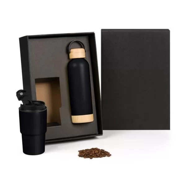 KIT GARRAFA PAREDE DUPLA E COPO TÉRMICO - PRETO - 2 PÇS