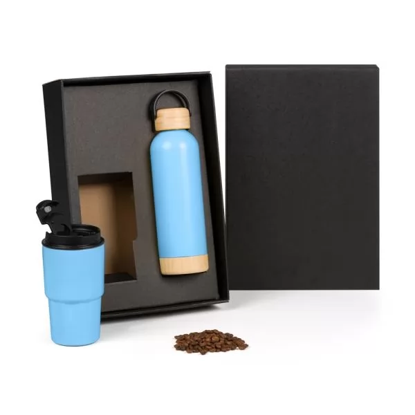 KIT GARRAFA PAREDE DUPLA E COPO TÉRMICO - AZUL - 2 PÇS