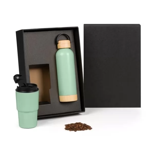 KIT GARRAFA PAREDE DUPLA E COPO TÉRMICO - VERDE - 2 PÇS